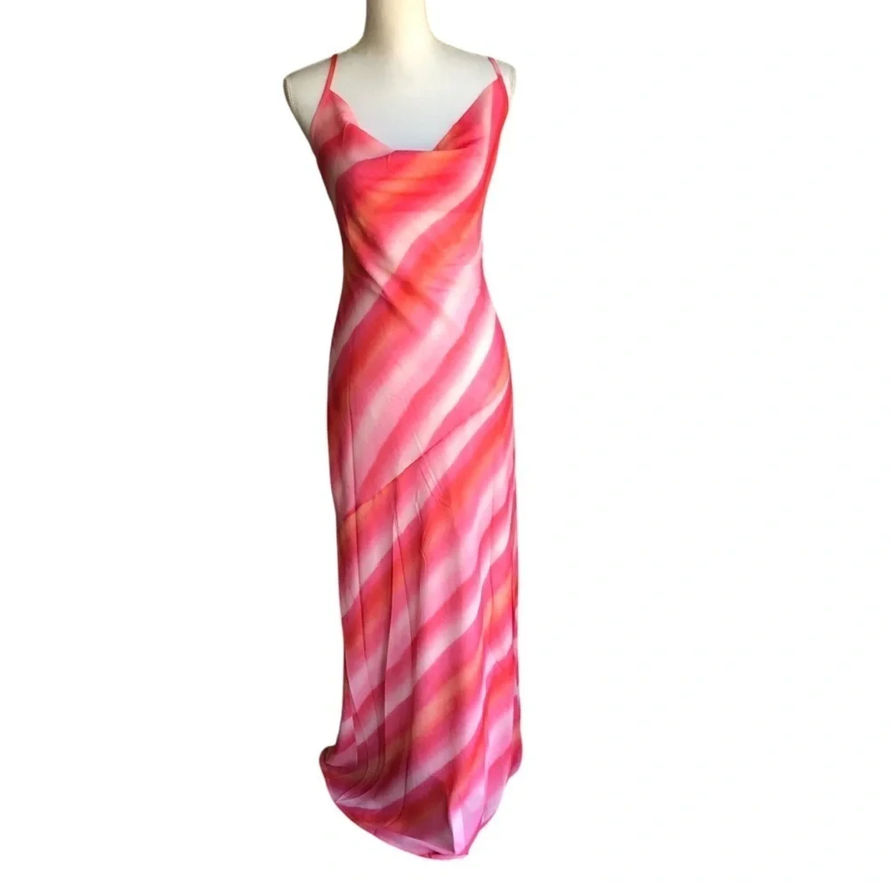 Charlie Holiday Stone Slip Maxi Dress Pink Watercolour Stripe Size 8